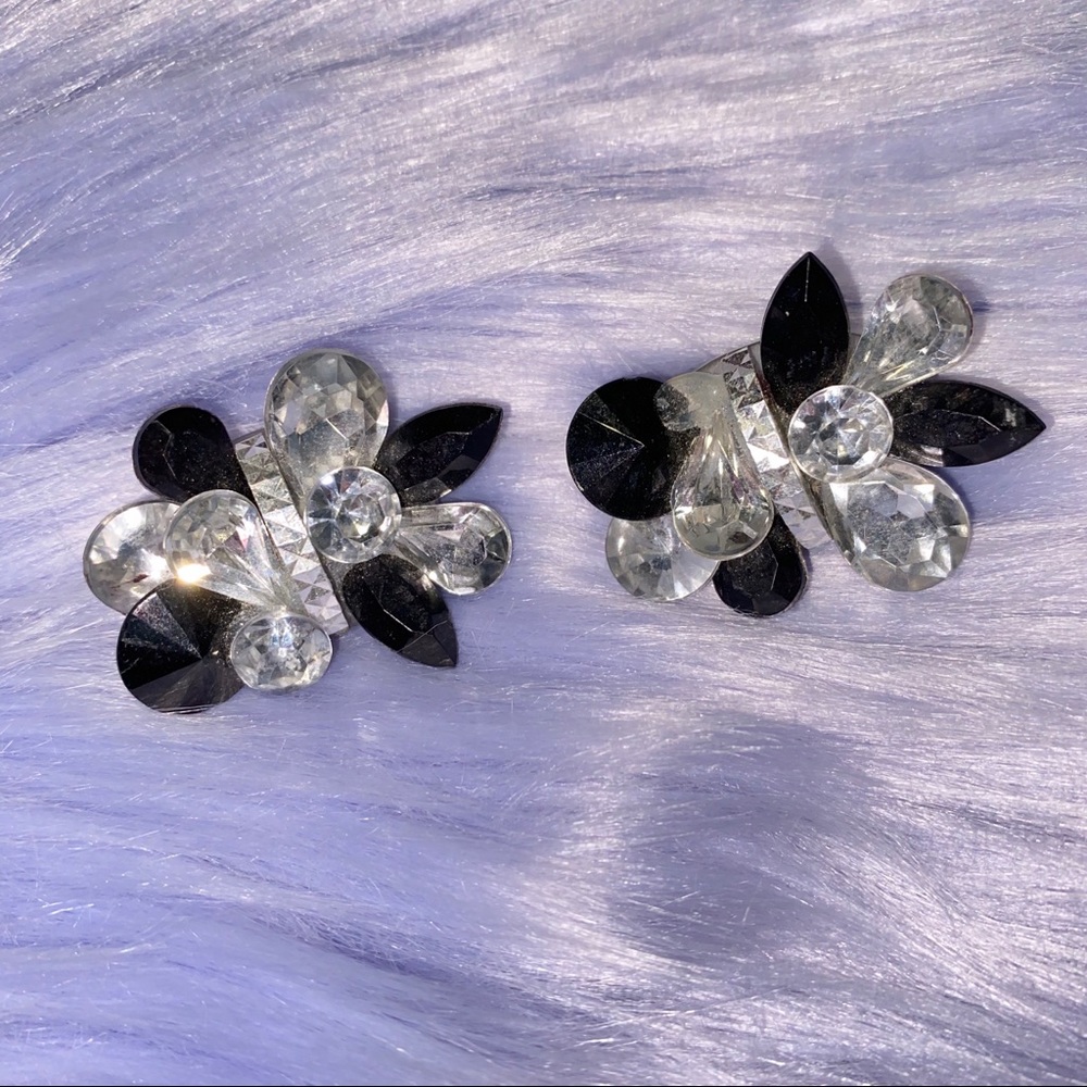 Black & Silver Rhinestone Clip On Earrings